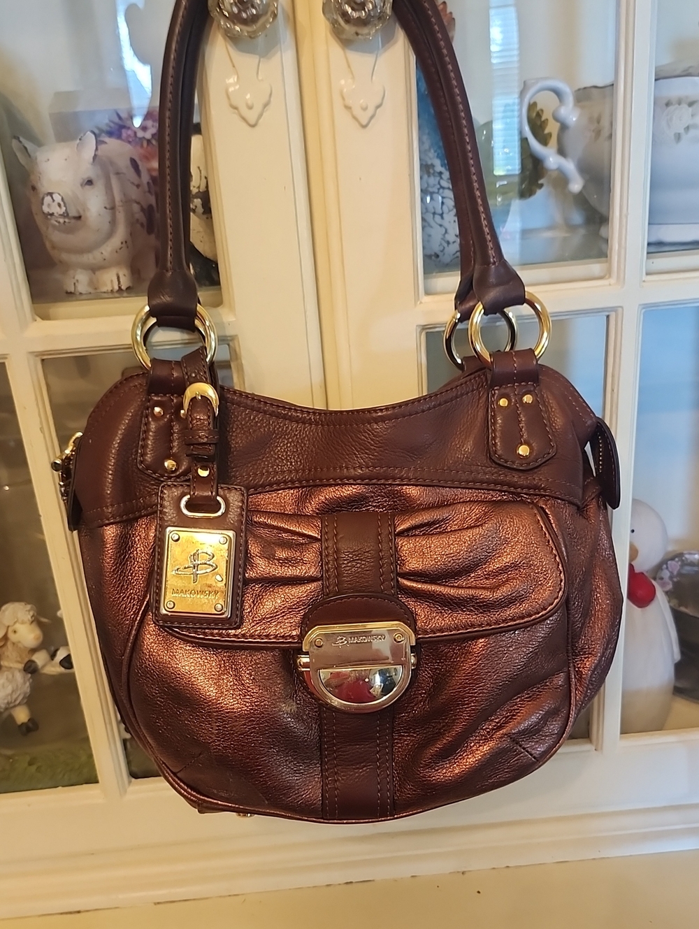 b. makowsky Metallic Bronze Leather Shoulder Bag with Gold Hardware